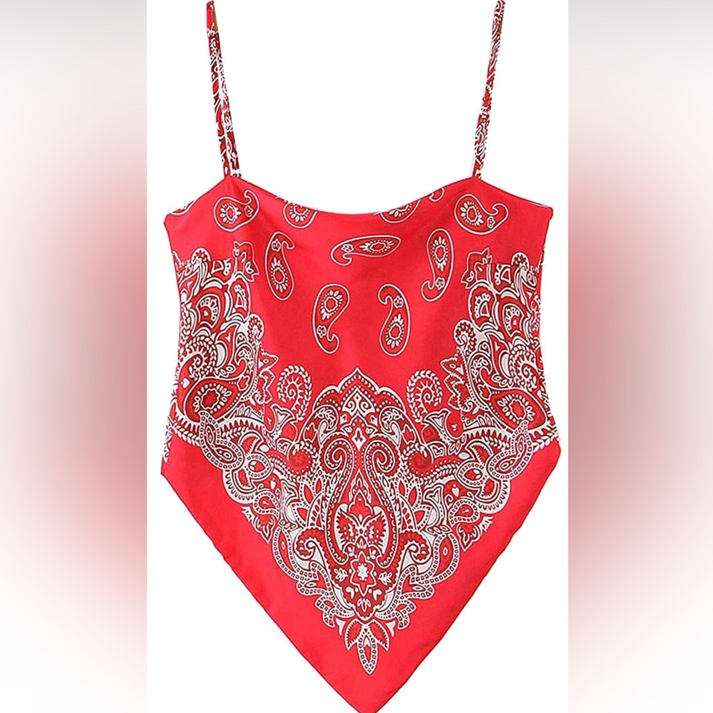 🆕 NEW Red Paisley Women's Bandana Handkerchief Scarf Top - Picture 2 of 6